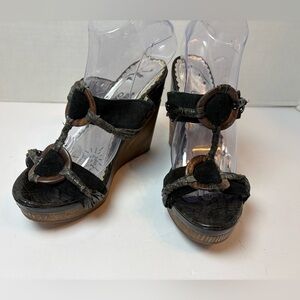 Naughty Monkey black leather tribal inspired details wood chuck wedge heels 6